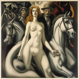 Four distinctly visible horsemen of the apocalypse are heading straight towards a combined figure of a man and a woman who are somewhat disoriented, scared, and terrified, all depicted in the style of Lempicka.