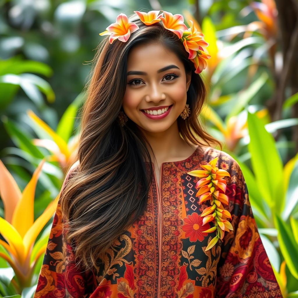 A stunning Malaysian woman with beautiful features, standing in a vibrant jungle setting, dressed in a traditional batik outfit that showcases intricate patterns and colors
