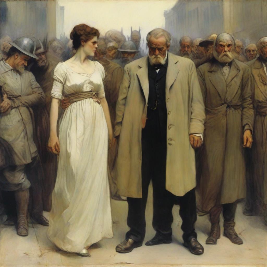 A visibly exhausted and annoyed woman and man standing next to each other, being approached by the four distinguished horsemen of the apocalypse, all portrayed in the style of Malczewski.