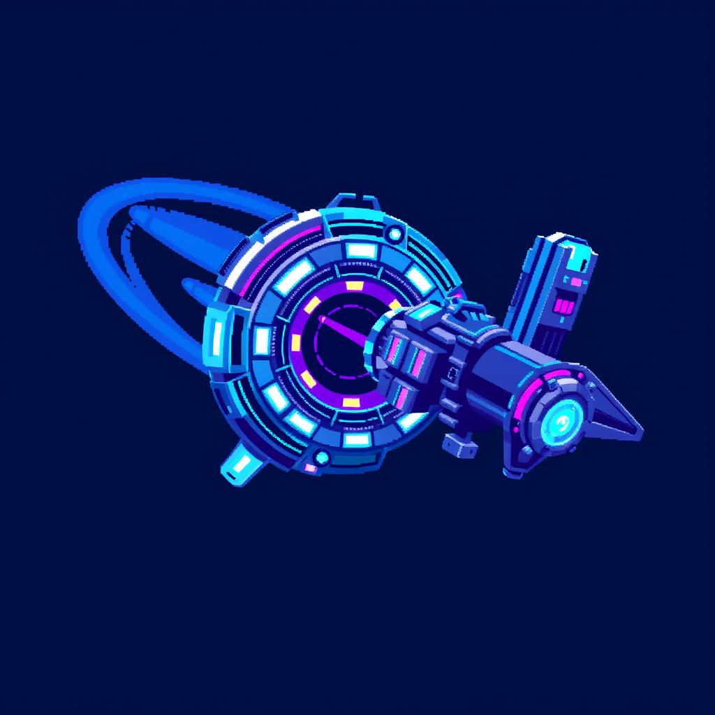 A vibrant pixel art illustration of a sci-fi blinkgate surrounded by a space station