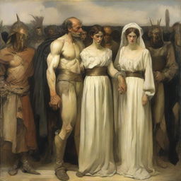 A visibly exhausted and annoyed woman and man standing next to each other, being approached by the four distinguished horsemen of the apocalypse, all portrayed in the style of Malczewski.