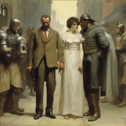 A visibly exhausted and annoyed woman and man standing next to each other, being approached by the four distinguished horsemen of the apocalypse, all portrayed in the style of Malczewski.