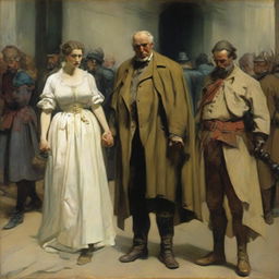 A visibly exhausted and annoyed woman and man standing next to each other, being approached by the four distinguished horsemen of the apocalypse, all portrayed in the style of Malczewski.