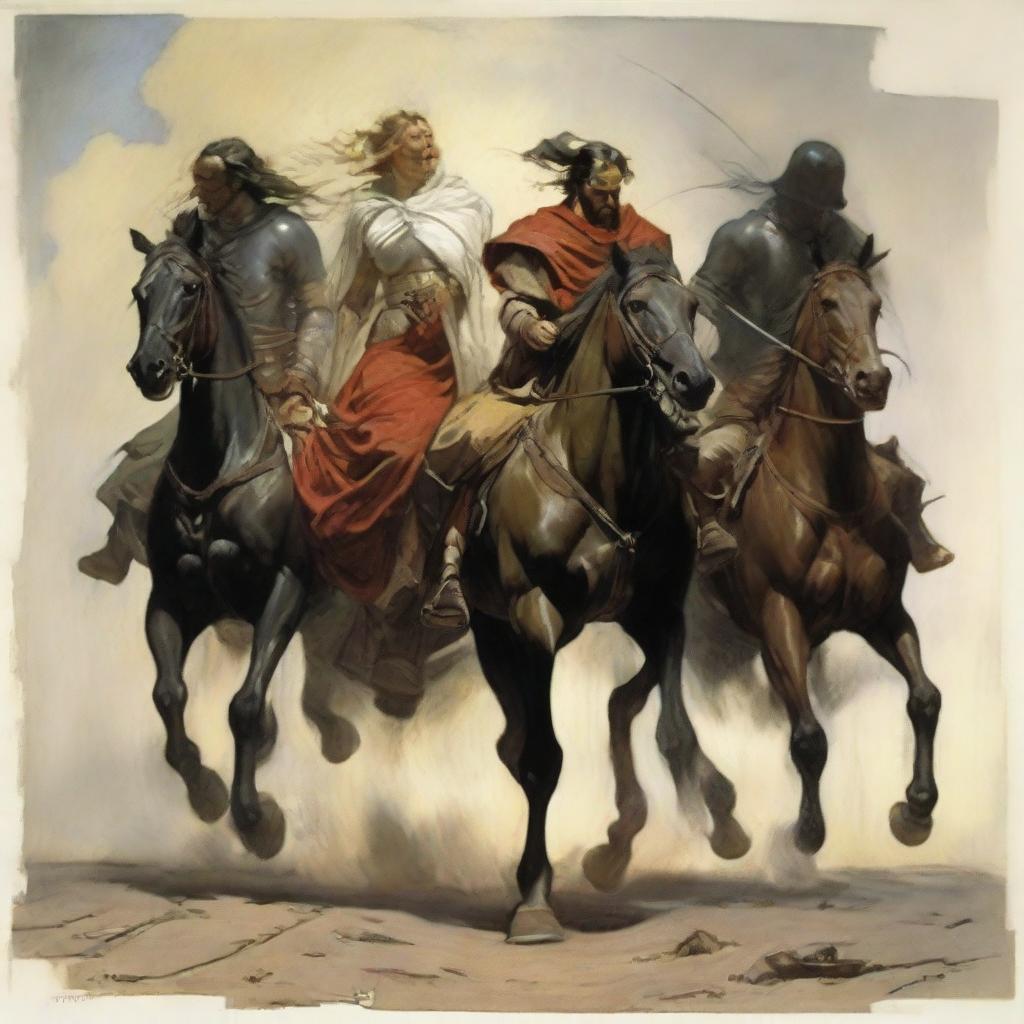 Symbolic artwork of four horsemen of the apocalypse riding directly towards an exhausted and frustrated man and woman who are standing together, rendered in the style of Malczewski.