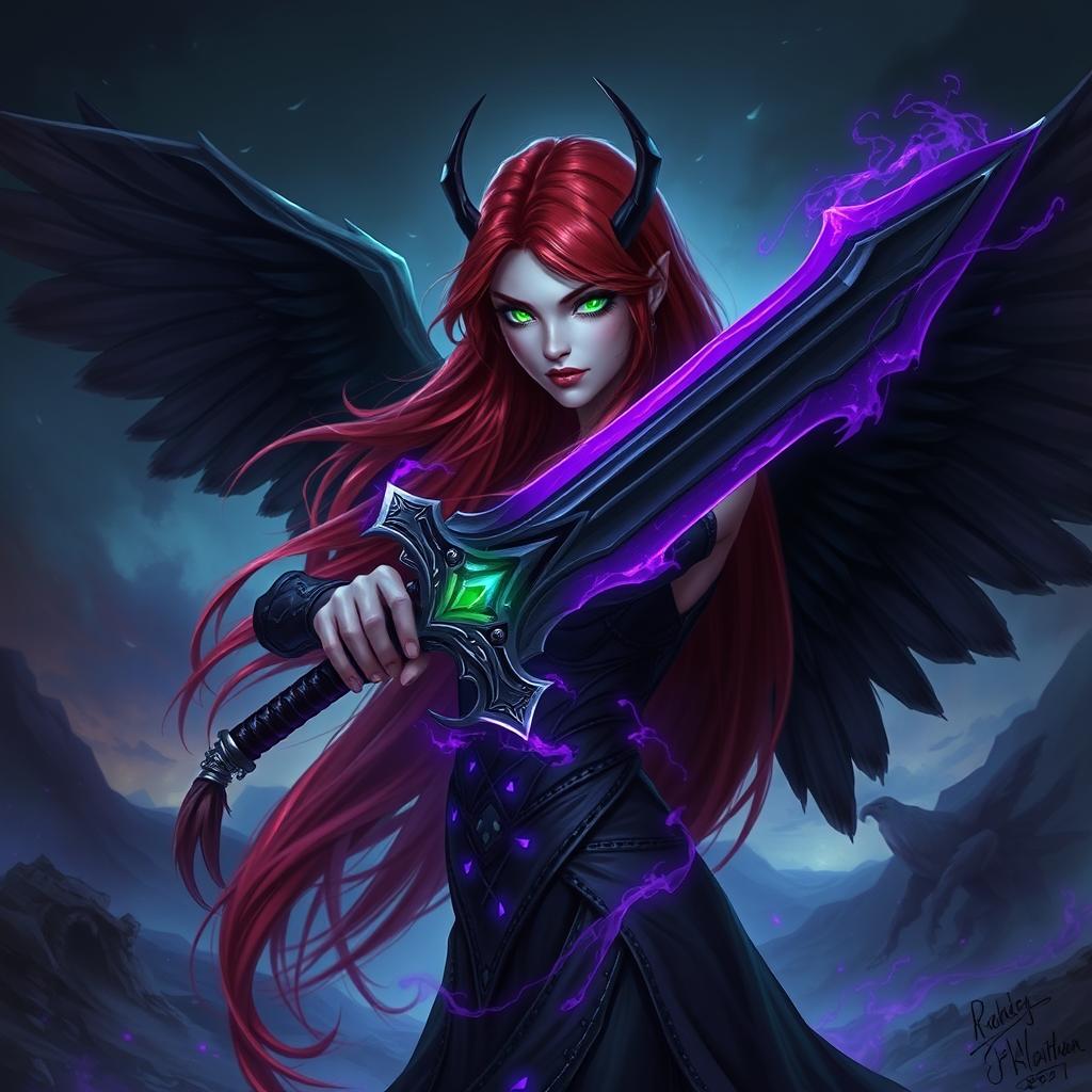 A female fallen Aasimar with long, flowing red hair and striking green eyes that glow like emeralds infused with magic