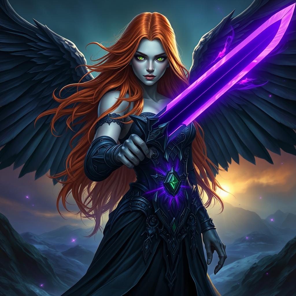 A female fallen Aasimar with long, flowing copper hair that radiates warmth, her striking green eyes glowing like emeralds infused with ancient magic
