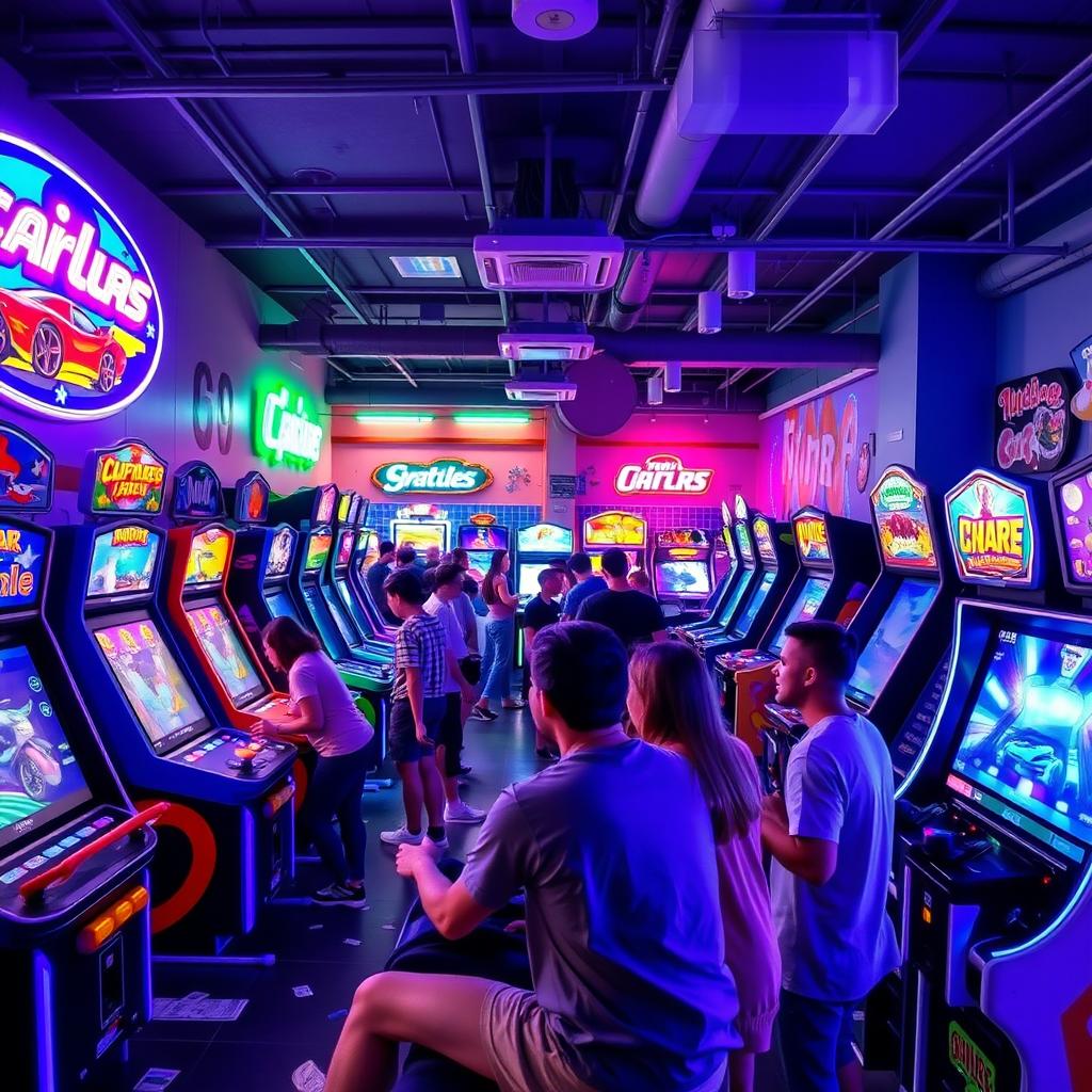 A vibrant and energetic scene inside a modern game center filled with arcade games, colorful neon lights, and excited players