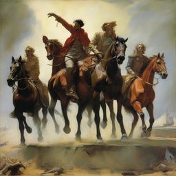 Symbolic artwork of four horsemen of the apocalypse riding directly towards an exhausted and frustrated man and woman who are standing together, rendered in the style of Malczewski.