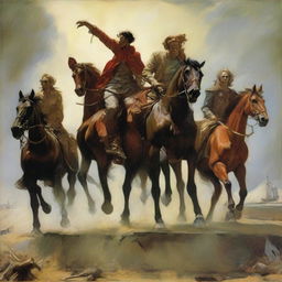 Symbolic artwork of four horsemen of the apocalypse riding directly towards an exhausted and frustrated man and woman who are standing together, rendered in the style of Malczewski.