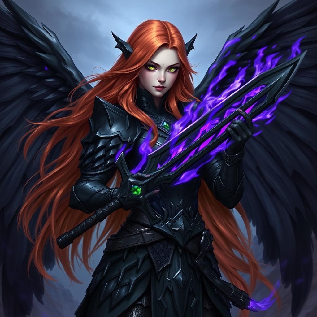 A female fallen Aasimar with long, flowing copper hair that shimmers with light, her mesmerizing green eyes glowing like magical emeralds