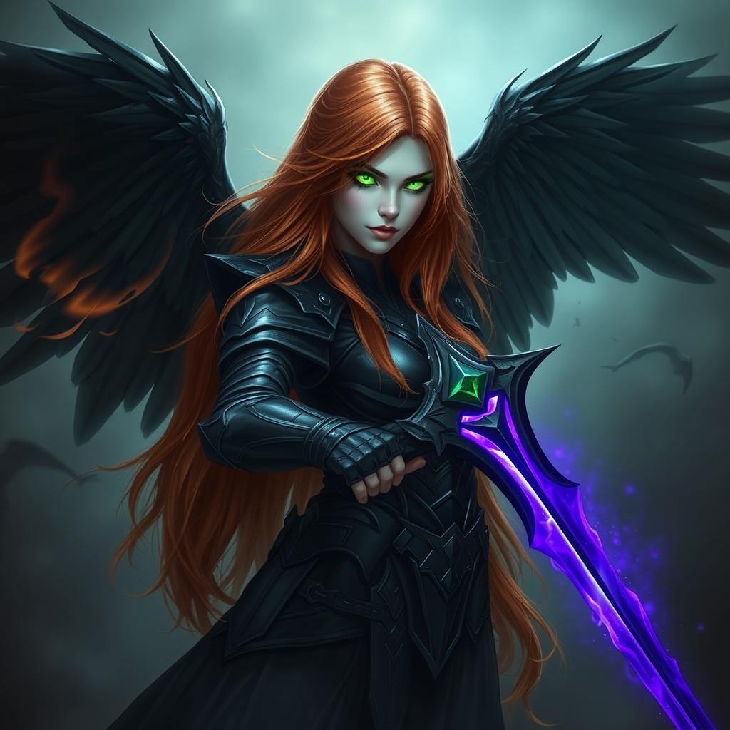 A female fallen Aasimar with long, flowing copper hair that shines beautifully