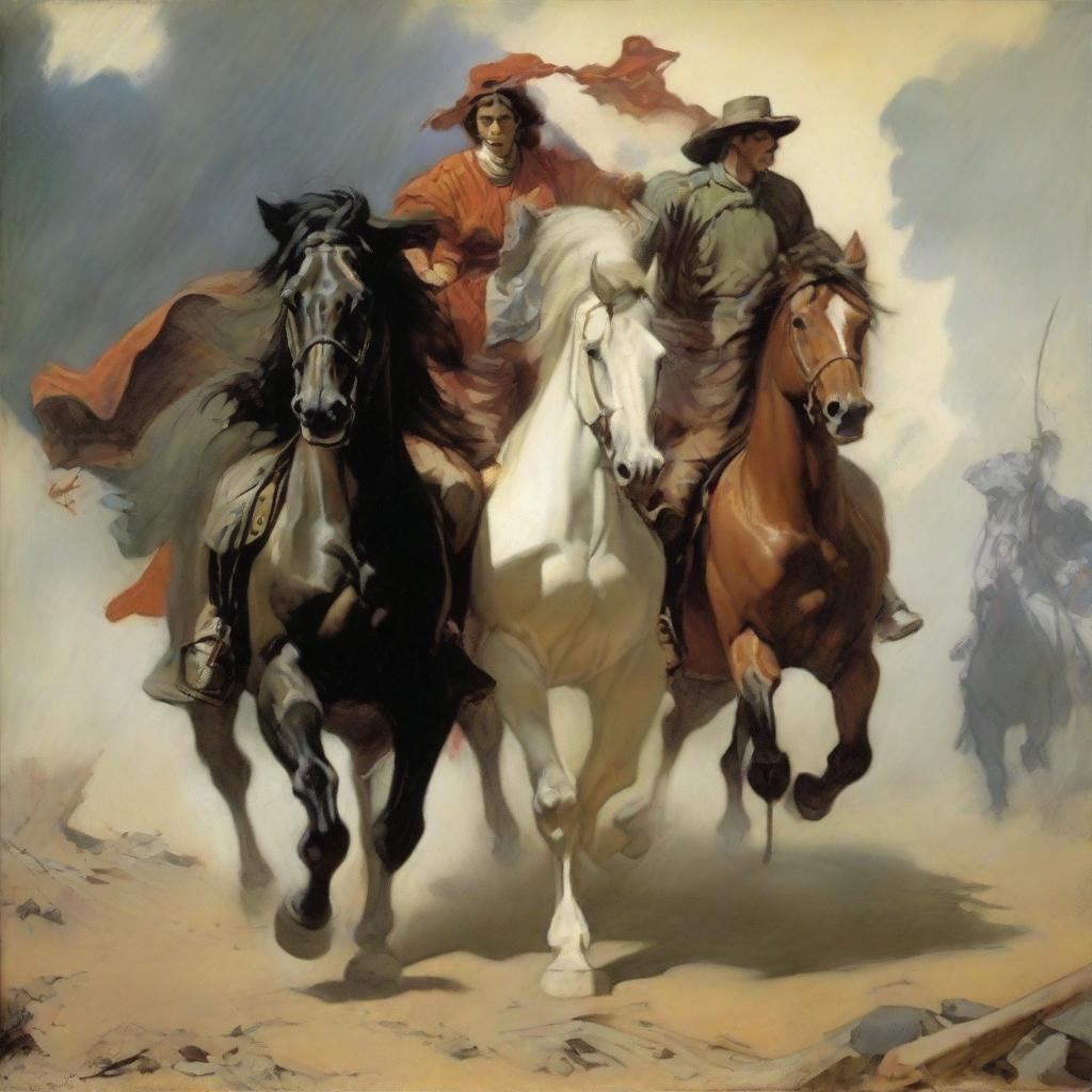 Symbolic artwork of four horsemen of the apocalypse riding directly towards an exhausted and frustrated man and woman who are standing together, rendered in the style of Malczewski.