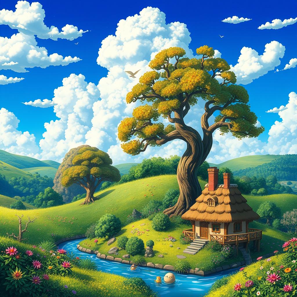 A whimsical landscape with lush greenery, rolling hills, and a vibrant blue sky filled with fluffy clouds, inspired by Studio Ghibli's enchanting style