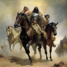 Symbolic artwork of four horsemen of the apocalypse riding directly towards an exhausted and frustrated man and woman who are standing together, rendered in the style of Malczewski.