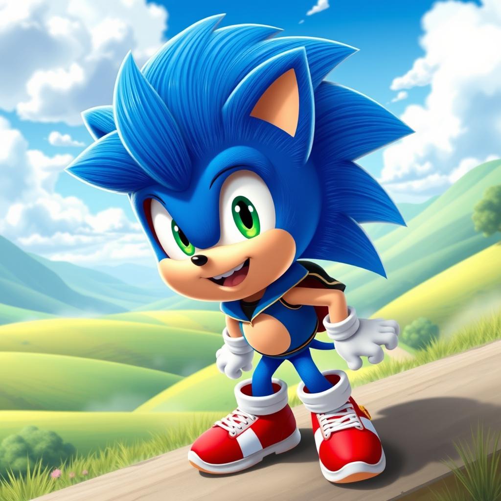 A dynamic character resembling a young boy with features inspired by Sonic the Hedgehog, showcasing vibrant blue spiky hair and a playful expression