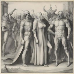 An exhausted and angry man and woman standing together, approached from the right by four horsemen of the apocalypse who are clearly hostile towards them, captured in a symbolic rendering in the style of Bosch.