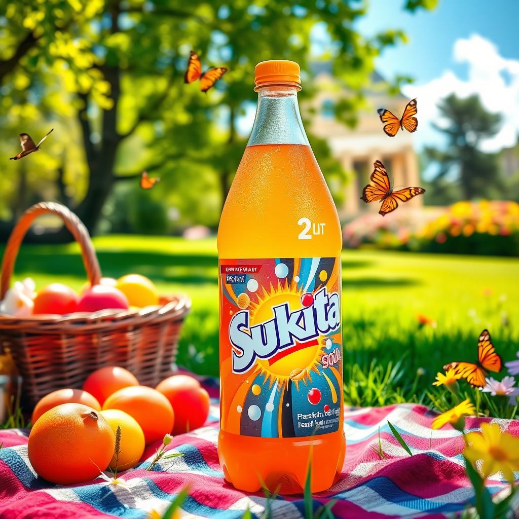 A 2-liter bottle of Sukita soda, showcasing its vibrant orange color and dynamic label design, placed in a picturesque outdoor setting