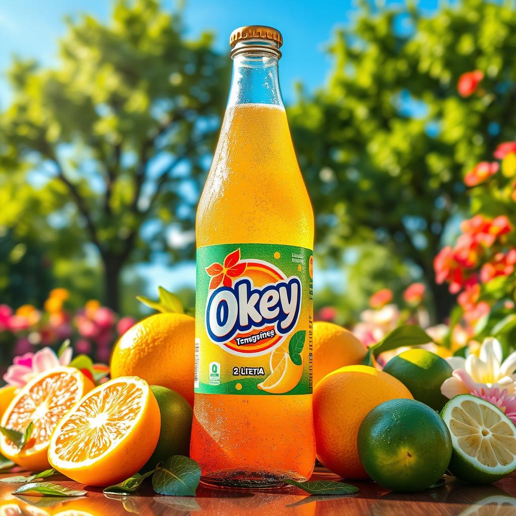 A vibrant and inviting 2-liter bottle of Okey soda, situated in a picturesque natural setting that reflects the flavor of the drink