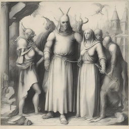 An exhausted and angry man and woman standing together, approached from the right by four horsemen of the apocalypse who are clearly hostile towards them, captured in a symbolic rendering in the style of Bosch.