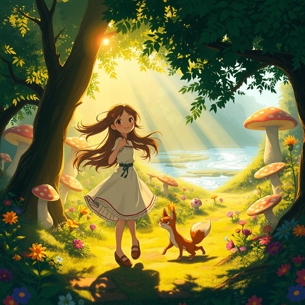 An enchanting scene in the style of Studio Ghibli, depicting a lush, magical forest filled with vibrant flora and mystical creatures