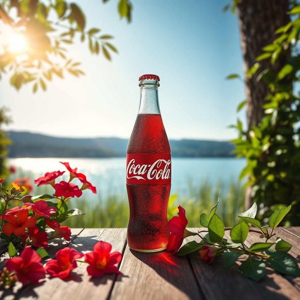 A beautifully designed scene featuring a classic Coca-Cola bottle placed on a wooden table outdoors, surrounded by vibrant summer flowers and lush green foliage