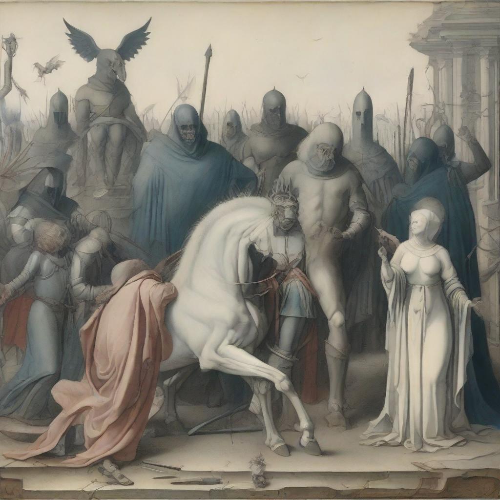 An exhausted and angry man and woman standing together, approached from the right by four horsemen of the apocalypse who are clearly hostile towards them, captured in a symbolic rendering in the style of Bosch.