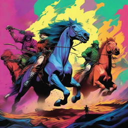 Four disturbing, unpleasant, and aggressive horsemen bringing destruction, depicted in a wide shot and rendered in vibrant colors in a symbolic illustration.