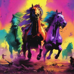 Four disturbing, unpleasant, and aggressive horsemen bringing destruction, depicted in a wide shot and rendered in vibrant colors in a symbolic illustration.