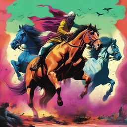 Four disturbing, unpleasant, and aggressive horsemen bringing destruction, depicted in a wide shot and rendered in vibrant colors in a symbolic illustration.