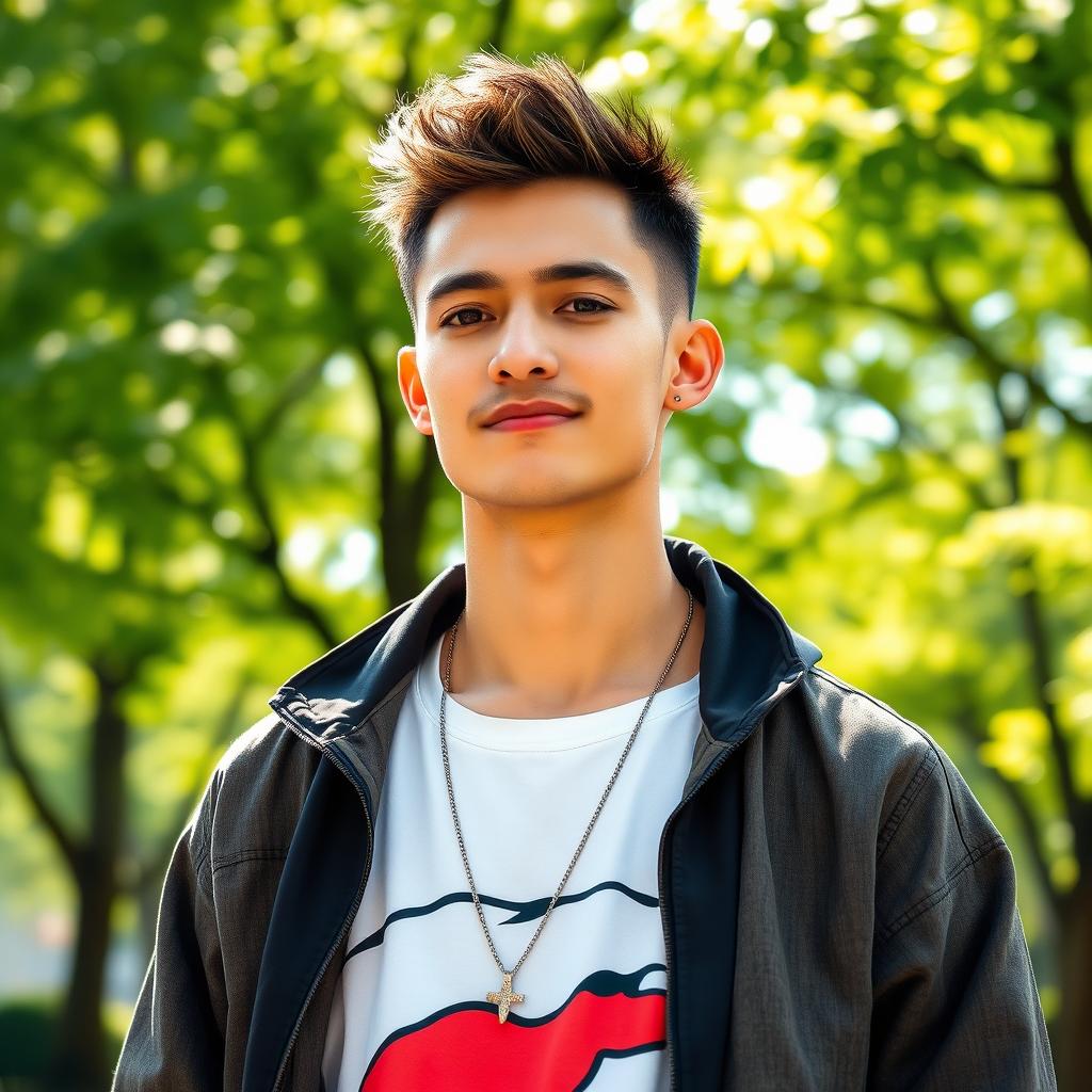 A striking composition featuring a guy standing confidently with a slight smile, wearing a stylish casual outfit that blends modern streetwear with an artistic flair