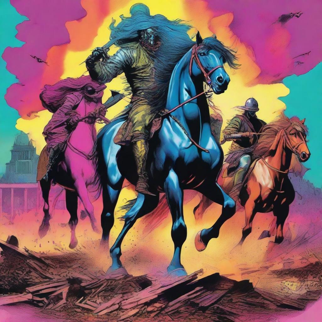 Four disturbing, unpleasant, and aggressive horsemen bringing destruction, depicted in a wide shot and rendered in vibrant colors in a symbolic illustration.