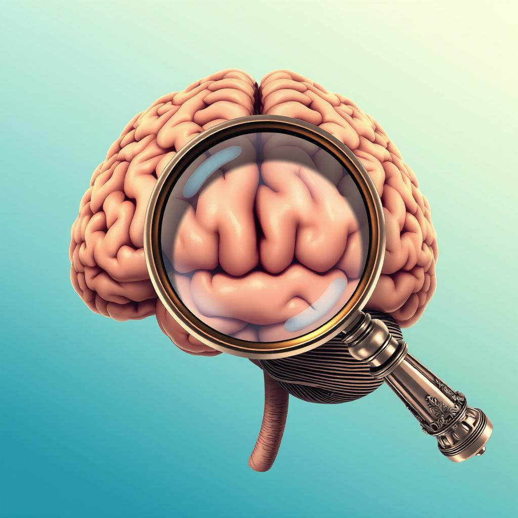 An illustration featuring a highly detailed, realistic human brain positioned centrally, with a large magnifying glass hovering above it, focusing on specific areas of the brain