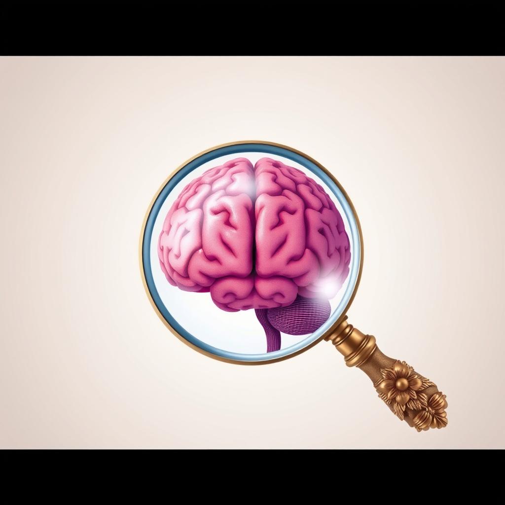 An illustration of a human brain placed prominently in the center, surrounded by an intricately designed magnifying glass that is slightly tilted to showcase the detailed textures of the brain