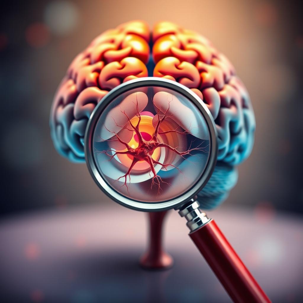 An intricate and artistic illustration showcasing a human brain with vibrant colors, elegantly detailed anatomy, and a magnifying glass positioned over a specific region of the brain