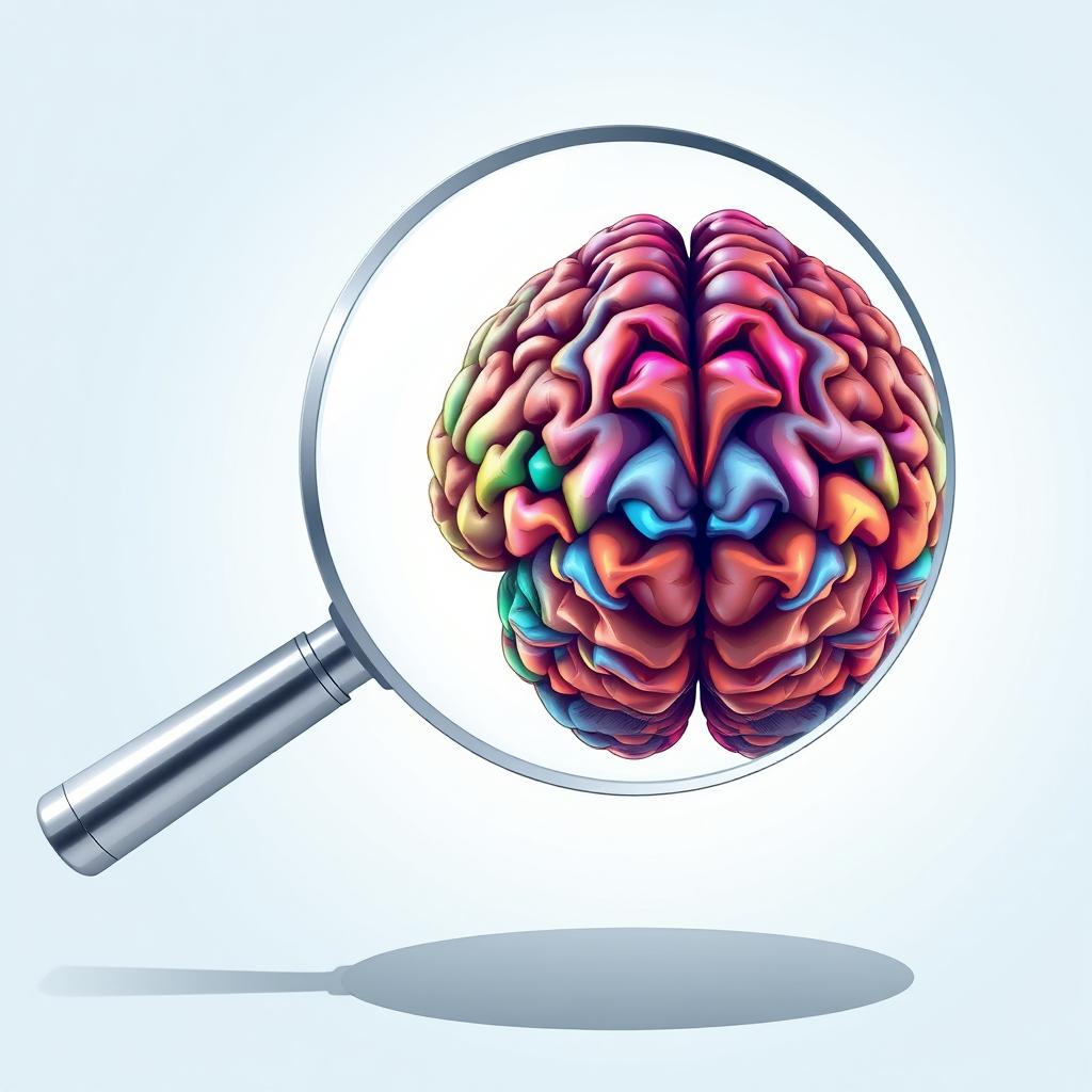 An intricate and detailed illustration of a human brain partly shown inside a large magnifying glass, with vivid colors highlighting the various areas and connections of the brain