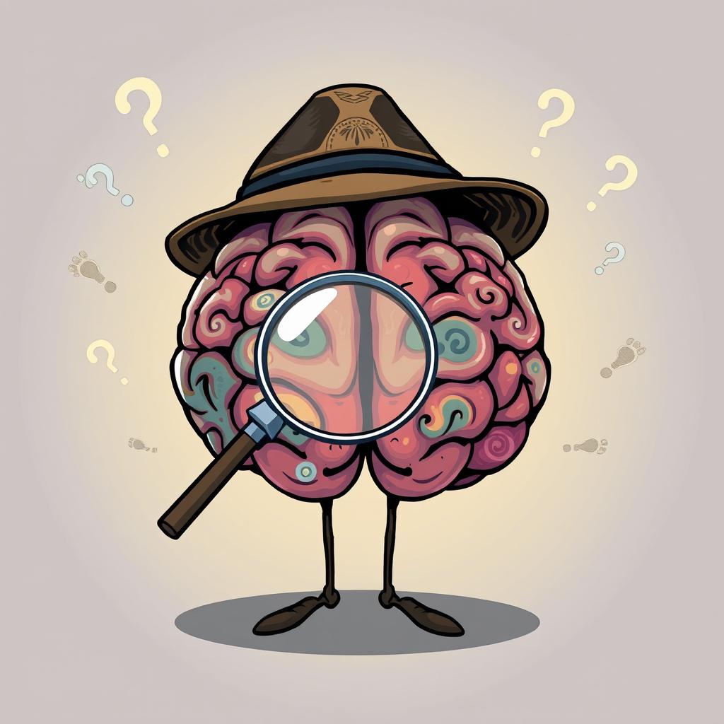 An imaginative illustration featuring a detective brain, designed with various colors and intricate patterns to represent creativity and intelligence
