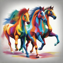 Four multicolored horses trotting towards a man and woman standing side by side, disturbing their peace and conveying unsettling emotions, aggression and anger in a symbolic pictorial artwork.