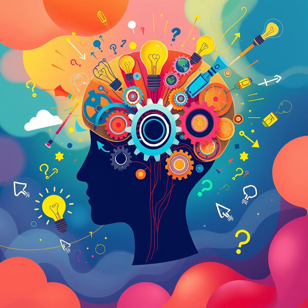An illustration of mind activity and brainstorming, featuring a human head silhouette filled with colorful swirling thoughts, gears, and abstract shapes symbolizing creativity