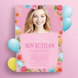 A high-quality, digitally rendered image portraying a vibrant and youthful invitation template for a sweet seventeen birthday