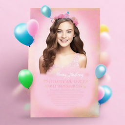 A high-quality, digitally rendered image portraying a vibrant and youthful invitation template for a sweet seventeen birthday