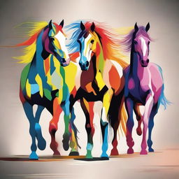 Four multicolored horses trotting towards a man and woman standing side by side, disturbing their peace and conveying unsettling emotions, aggression and anger in a symbolic pictorial artwork.