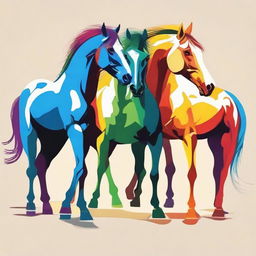 Four multicolored horses trotting towards a man and woman standing side by side, disturbing their peace and conveying unsettling emotions, aggression and anger in a symbolic pictorial artwork.