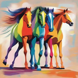 Four multicolored horses trotting towards a man and woman standing side by side, disturbing their peace and conveying unsettling emotions, aggression and anger in a symbolic pictorial artwork.