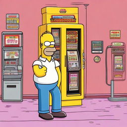 Homer Simpson, the iconic character from The Simpsons, standing proudly outside a bright, idling poker machine