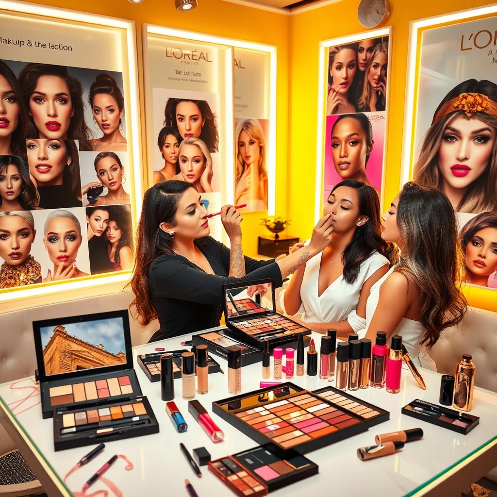 A vibrant and engaging scene depicting a makeup tutorial featuring L'Oreal products