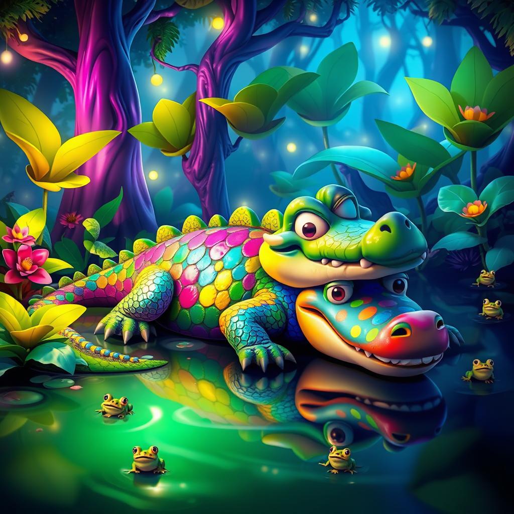 A vibrant and fantastical crocodile with a shimmering, colorful scale pattern lounging in a mystical swamp
