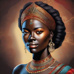 A digital art of a sophisticated, masculine-looking woman with dark skin