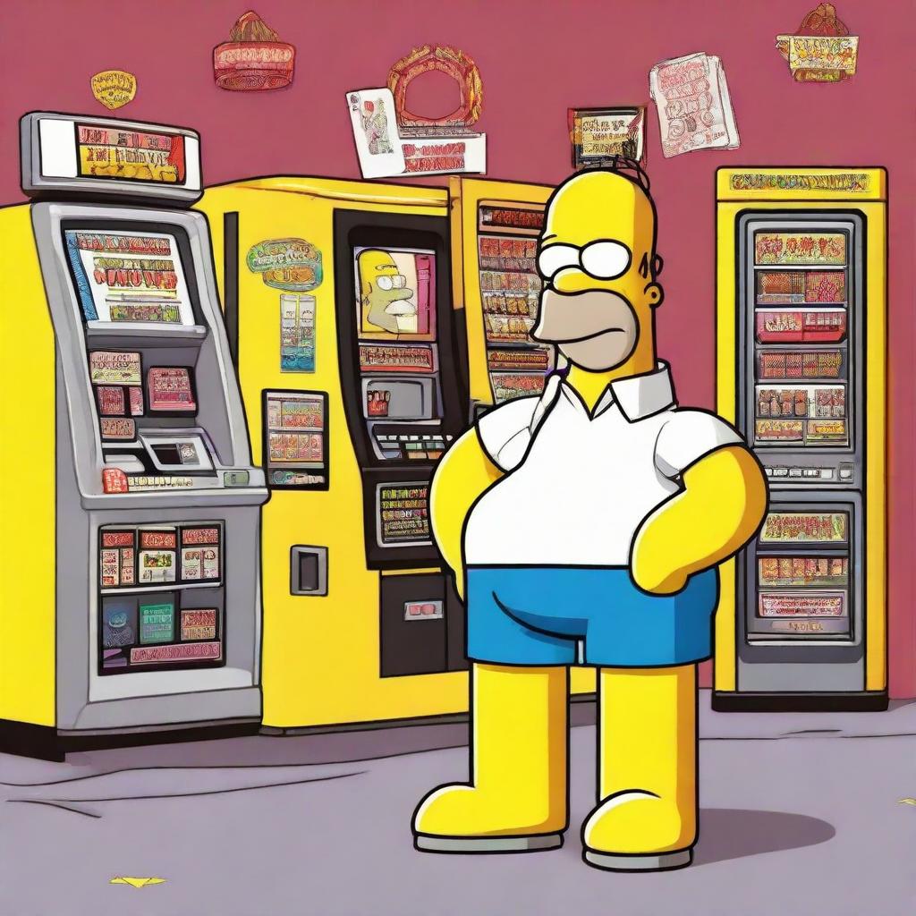 Homer Simpson, the iconic character from The Simpsons, standing proudly outside a bright, idling poker machine