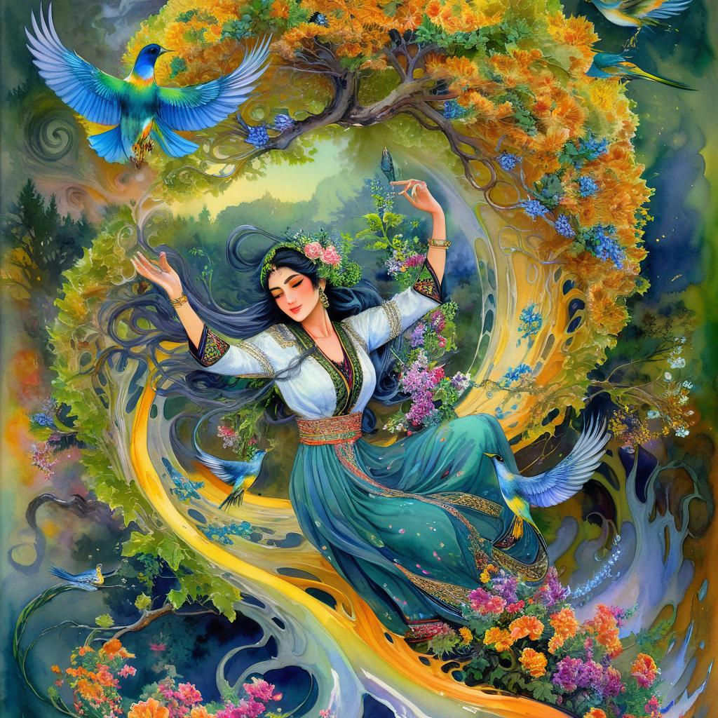 Mystical and spiritual watercolor painting of a beautiful Iranian woman in traditional dress suspended in the air in a swirl of multi-colored flowers, a maze of asymmetrical bonsai trees, a whirlwind of beautiful birds, and a forest of grapevines in a spectrum of green, yellow, and blue
