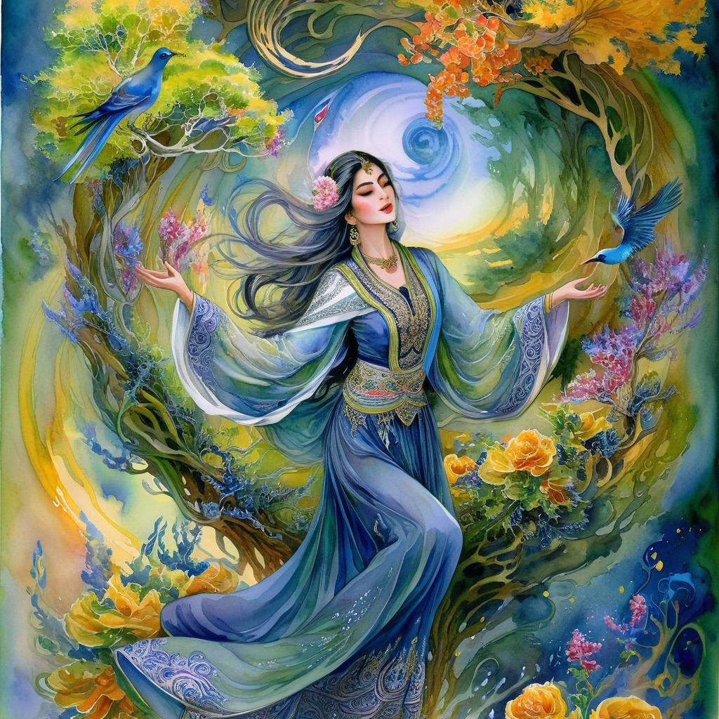 Mystical and spiritual watercolor painting of a beautiful Iranian woman in traditional dress suspended in the air in a swirl of multi-colored flowers, a maze of asymmetrical bonsai trees, a whirlwind of beautiful birds, and a forest of grapevines in a spectrum of green, yellow, and blue